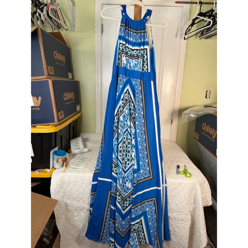 Eliza J Blue White Scarf Print Halter Maxi Dress Size 8 Geometric Tile Gown